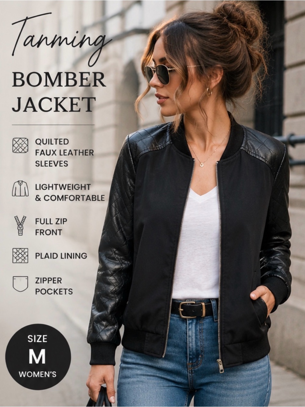 Tanming Medium Black Quilted Faux Leather Bomber Moto Jacket‎ M